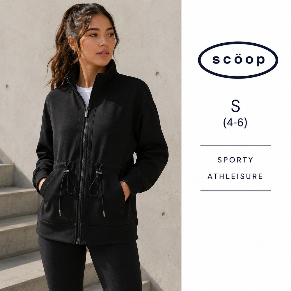 NEW Scoop Scuba Drawstring Full Zip Jacket Women S Blk Pockets Athleisure Sporty